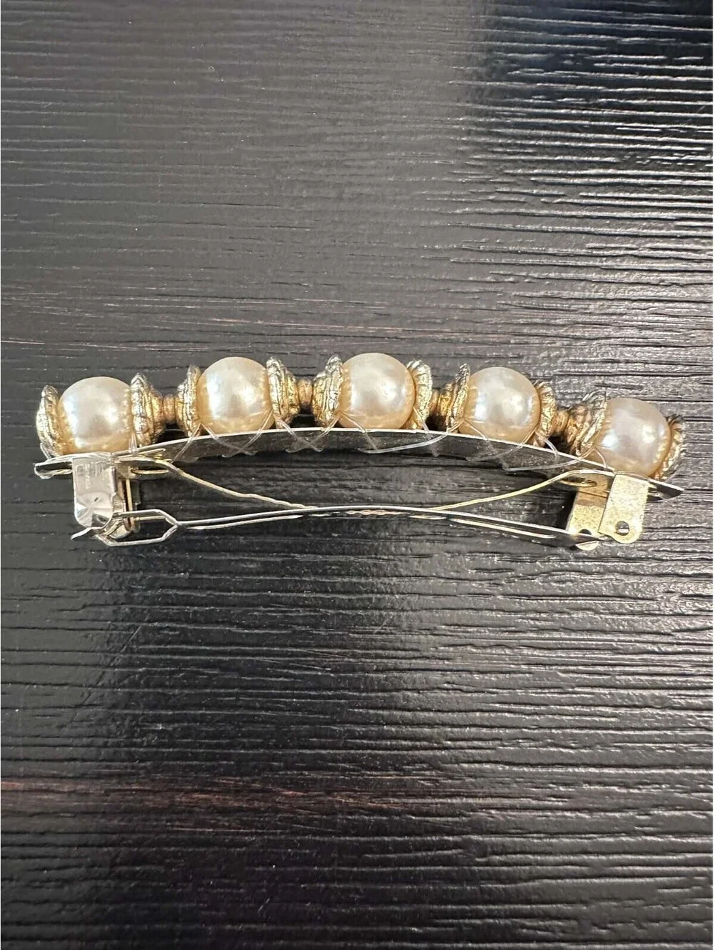 Vintage Faux Pearl Gold Tone Barrette White Beaded Hair Clip Gold Spacers EUC